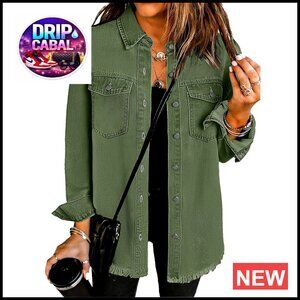 Oversized Distressed Denim Jacket Women's Casual Button Shacket Long Sleeve